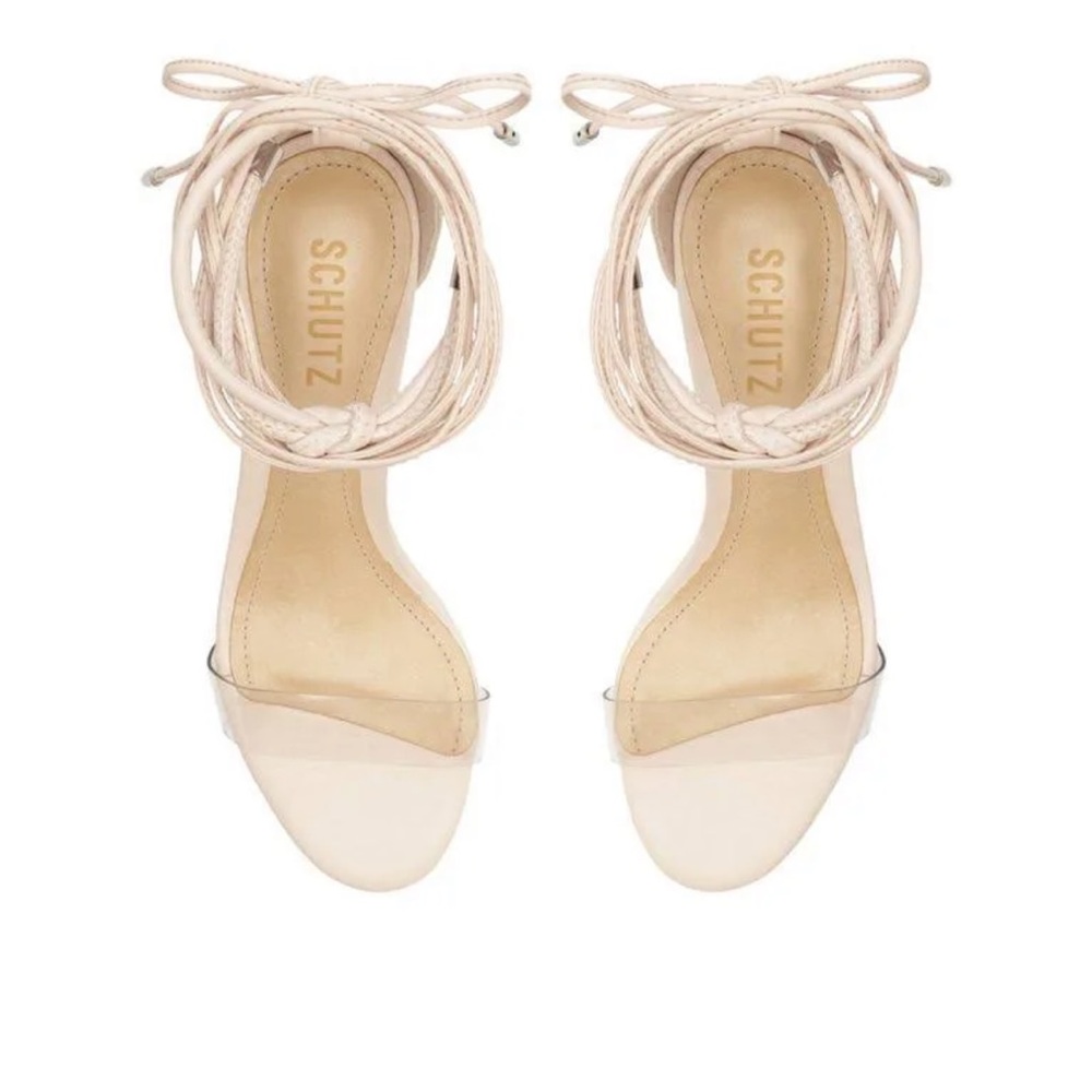 SCHUTZ Jessie Mid Block Nappa Leather and Vinyl Sandal - Rose Beige